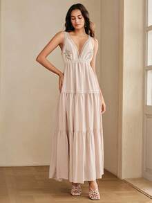 Anewsta Elegantes Sommerkleid mit tiefem V-Ausschnitt, Spitzeneinsätzen und bestickter Blumenapplikation - Aprikosenfarben - Übersicht 7