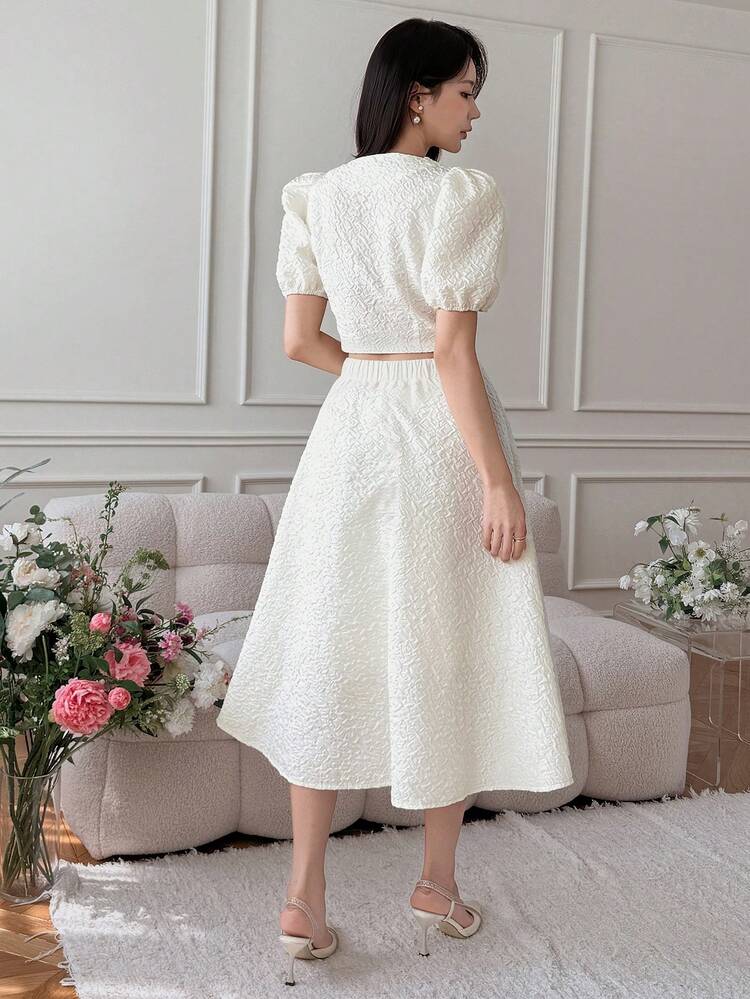 2pcs/Set Petal Sleeve Top And High Waist Skirt, Textured Knee-Length Outfit Summer