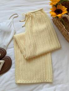 Comfortcana Textured Hollow Striped Loose Pants, Suitable For Vacation, Sunny Beach, Bikini Sets - Yellow - View 4