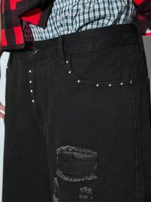 Modcrash Men's Casual Fashion Studded Denim Shorts - Black - View 7