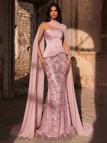 Aureia Đầm đuôi cá trễ vai phối ren đính sequin sang trọng thanh lịch, dây buộc điều chỉnh được, phù hợp cho hẹn hò, du lịch, tiệc độc thân, đám cưới và các dịp trang trọng - Hồng - Xem 6