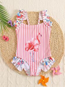 SHEIN Young Girl Flamingo & Striped Print Ruffle Trim One-Piece Swimwear, Casual Beach Vacation - Multicolor - View 3