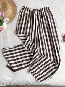 SHEIN EZwear Women Brown Striped Pants - Chocolate Brown - View 3