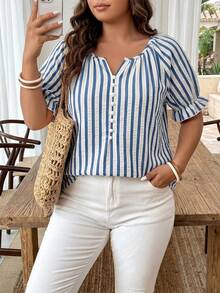Ceyna Plus Size Women's French Minimalist Casual Striped Short Sleeve Shirt, Summer - Blue and White - View 1