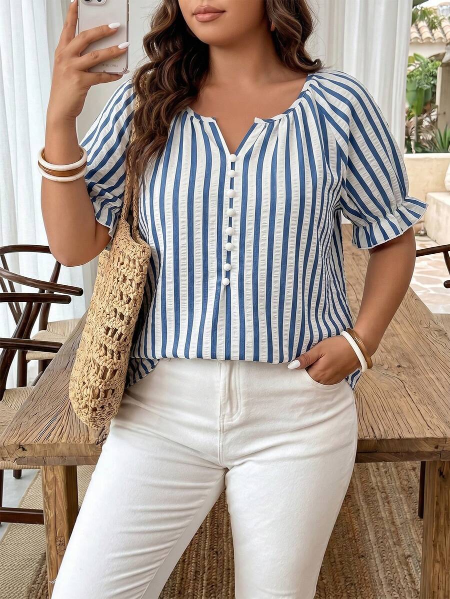 Ceyna Plus Size Women's French Minimalist Casual Striped Short Sleeve Shirt, Summer - Blue and White - View 1