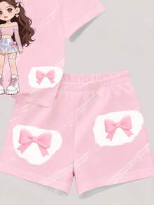 2pcs/Set Young Girl Loose T-Shirt And Shorts, Bow Decor, Cute Girl Pattern, Sweet & Adorable, Comfortable & Versatile, Suitable For Summer Outfit - Multicolor - View 6