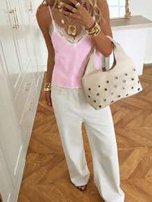 SHEIN EZwear 夏季派对粉色条纹衬衫，优雅女士衬衫，女士纯色蕾丝拼接吊带背心，夏季上衣，适合日常通勤、约会、聚会、秋冬夏三季、圣诞节、新年、感恩节、派对、婚礼、海滩、毕业典礼、时尚、优雅、休闲、外出、约会、预订、通勤、闪亮、情人节、优雅、度假、休闲、Y2K、外出、毕业典礼等场合。 - 彩色 - 查看 4