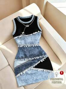 Resyla Round Neck Women's Contrast Color Patchwork Digital Print Midi Dress - Multicolor - View 1