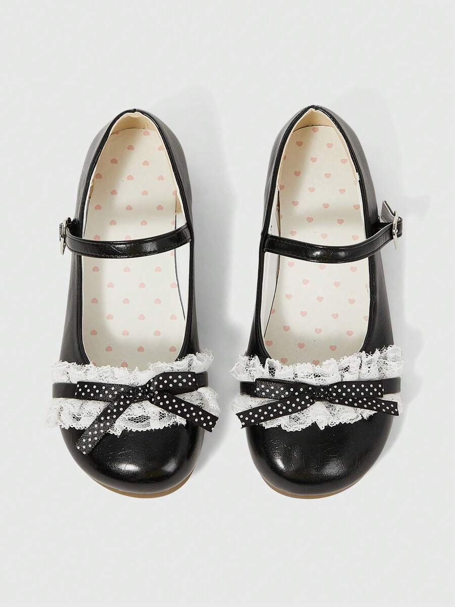 ROMWE Kawaii Scarpe da donna mocassini rosa con punta chiusa Mary Jane piccole scarpe in pelle con fiocco e lacci scarpe Lolita scarpe da danza classica scarpe basse da donna stile anni 2000 - Nero + Pizzo a Pois - Visualizzare 1