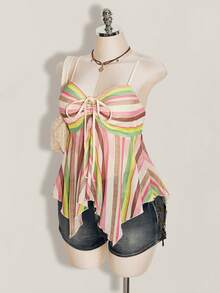 SHEIN ICON 大尺碼女款條紋可愛綁帶細肩帶背心 - 彩色 - 查看 4