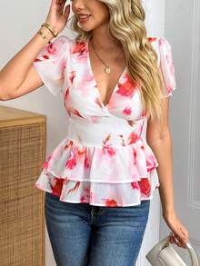 RosyDaze French Elegant Rose Print V-Neck Flutter Sleeve Blouse - Summer Waist-Cinched Slim Double Ruffle Hem Top Vacation White Floral - Pink - View 6
