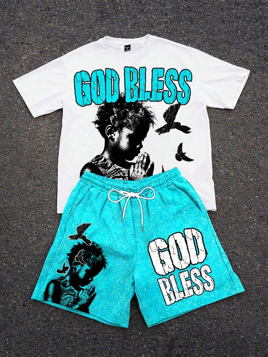 GENIUS ODE 男士創意字母「GOD BLESS」圖案印花T恤與短褲套裝,街頭風,度假款 - 彩色 - 查看 1