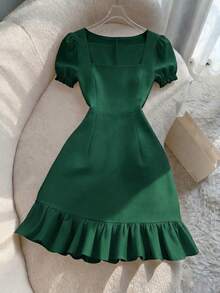 SHEIN Franclia Women's Pearl Collar Short Sleeve Square Neck Casual Slim A-Line Dress, Elegant Solid Color, Suitable For Guests, Banquets, Birthdays, Parties, Summer & Autumn, Apricot Color - Green - View 3