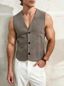 TONEVAULT Men's Summer Casual Vacation & Workwear Plaid Print Single-Breasted Vest - Brown - View 1