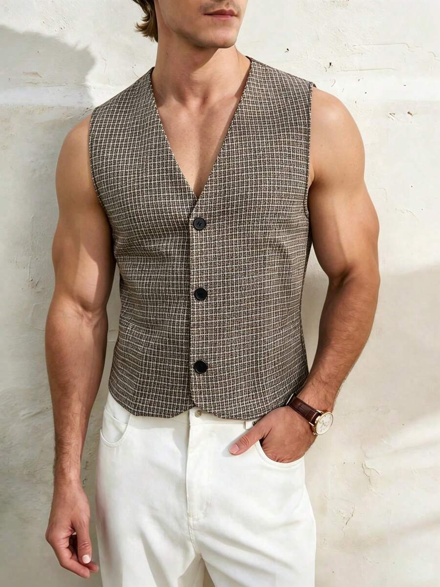 TONEVAULT Men's Summer Casual Vacation & Workwear Plaid Print Single-Breasted Vest - Brown - View 1