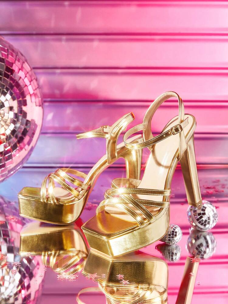 CUCCOO LuxiPop Summer New Gold Thick Heel Square Toe Thick Sole Fashionable Sexy Versatile Women's High Heel Sandals