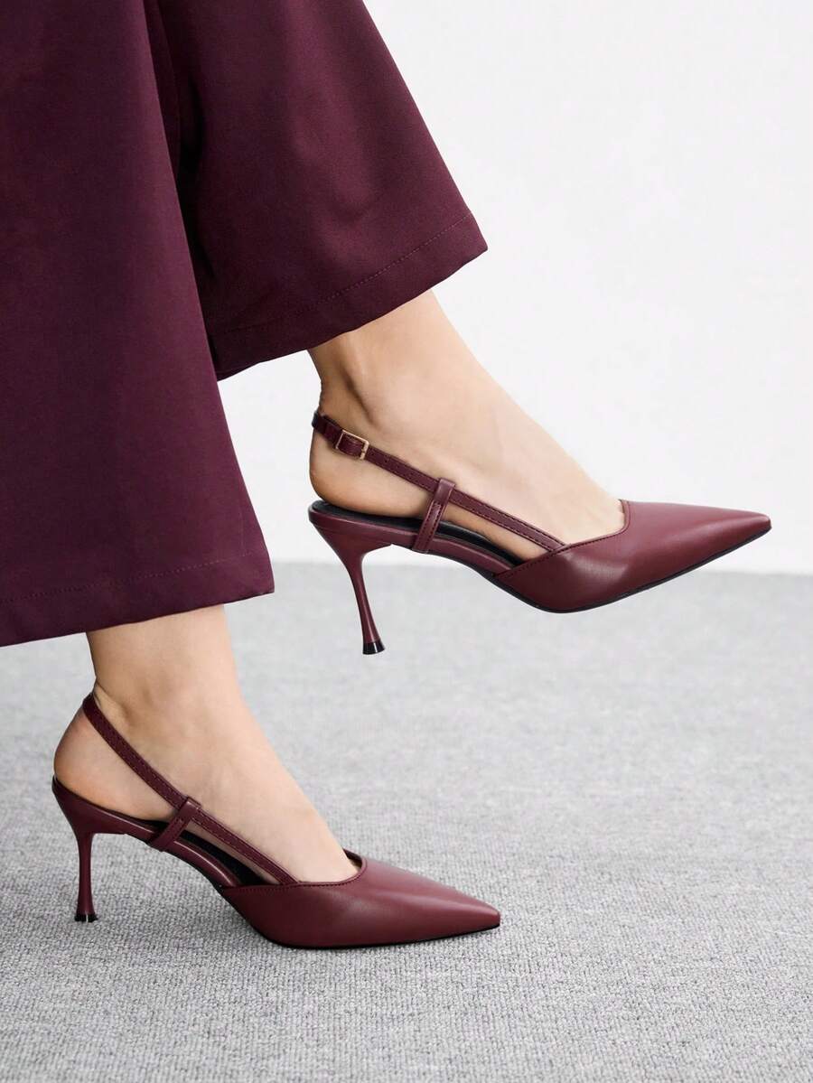 CUCCOO BIZCHIC 女鞋尖頭細高跟時尚酒紅色基本款日常百搭通勤女高跟鞋後跟帶鞋 - 啞光酒紅 - 查看 1