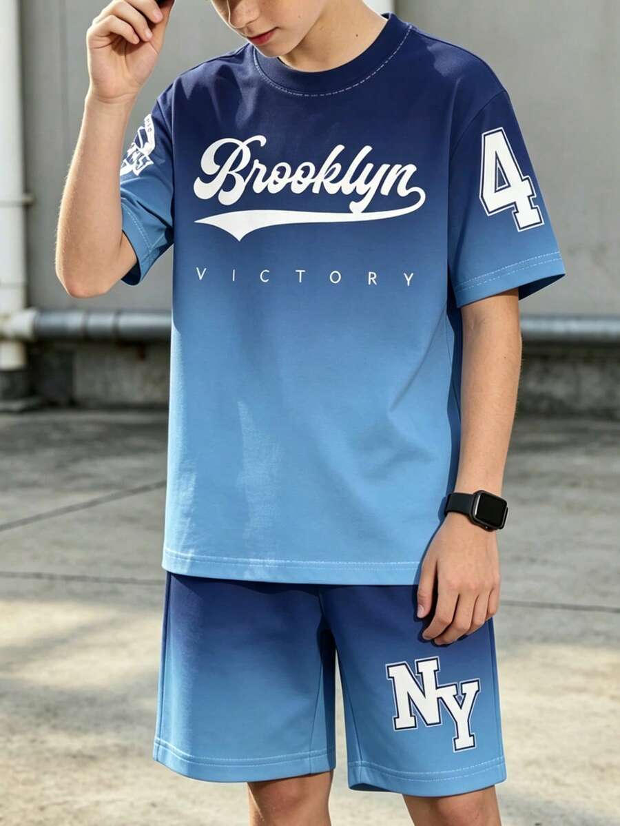青少年男孩漸層字母印花圓領短袖T恤與短褲套裝 - 彩色 - 查看 1