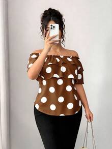Elenzga Plus Size Women Classic Polka Dot Print Ruffle Off-Shoulder Blouse - Mocha Brown - View 5