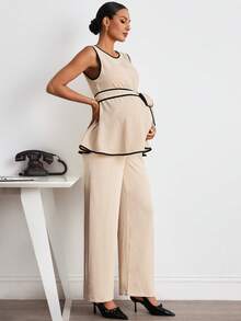 MaterniWear Khaki Color-Blocked Black Piping Waistband Vest And Pants Set With Adjustable Elastic Waistband, Perfect For Summer Commuting And Maternity Use. - Khaki - View 5