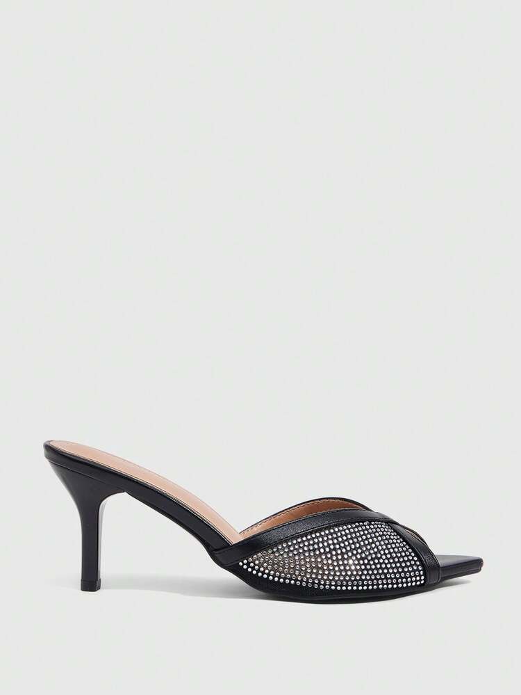 CUCCOO SZL Women's Fashion, Women's High-Heeled Sandals, Black, Rhinestones, Mesh Material, Pointed, Commuting, Comfort, Indoor, Office, Street, Party, Travel, Vacation, Spring And Summer, Suitable For Dresses, Jeans, Shorts, Stiletto Slippers