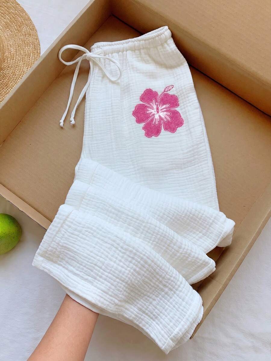Comfortcana 女士印花抽绳阔腿宽松裤，100%纯棉夏季休闲沙滩裤 - 白色 - 查看 1