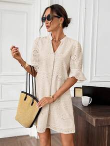 Editum Women's Notched Neck Cutout 3/4 Sleeve Ruffled Hem Eyelet Embroidery Loose Casual Dress, Pure White, Elegant For Daily, Vacation, Commute, Spring/Summer - Khaki - View 8