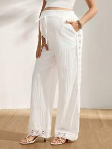 GentleRue Maternity Quần bầu ống rộng 100% cotton, phối ren, cạp chun, dáng rộng, nhẹ nhàng cho mùa hè, phong cách thanh lịch thường ngày. - trắng - Xem 1