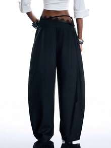 LYSMO 2026 New Arrive Minimalism Spring/Summer Women's Designer French Lace Patchwork Tie-Up Pocket Fashion Trousers - Black - View 2