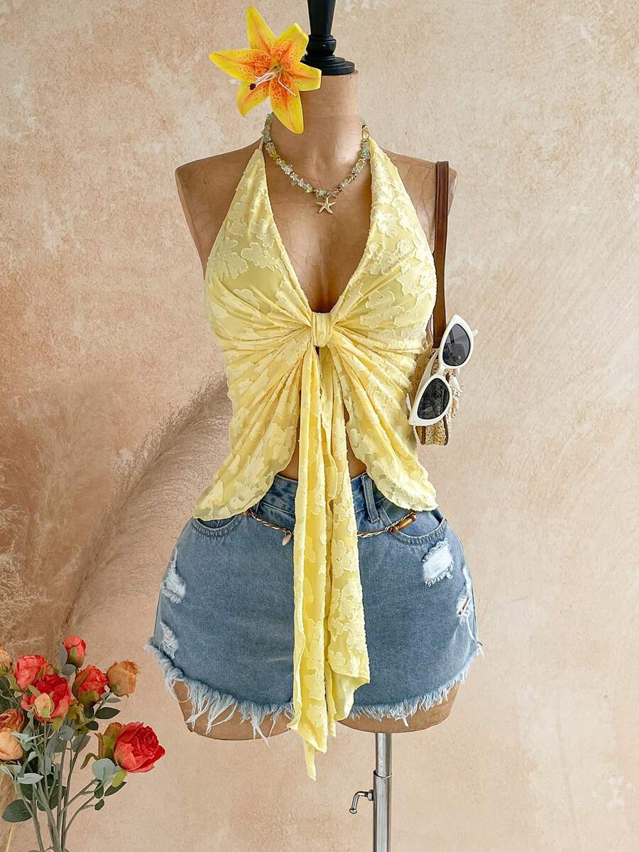 Soleia Tank Top Wanita Kasual untuk Liburan Musim Panas dengan Model Halter dan Punggung Terbuka - Kuning - View 1