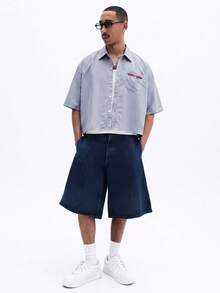 SUMWON Striped Cropped Short Sleeve Button-Up Shirt With Chest Pocket And Script Embroidery Summer - Light Grey - View 3