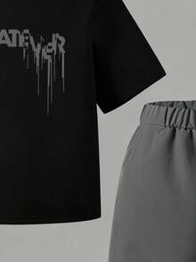 SHEIN Setelan Kaos Lengan Pendek Leher Bulat Motif Sederhana untuk Anak Laki-laki (Ukuran Besar) dan Celana Panjang Warna Polos - MultiWarna - View 4