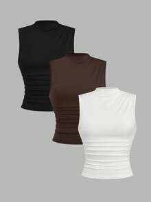 Sweetra 3pcs Women's Casual Everyday Commute Minimalist Solid Color Draped Neck Pleated Fitted Camisole, Summer - Multicolor - View 1