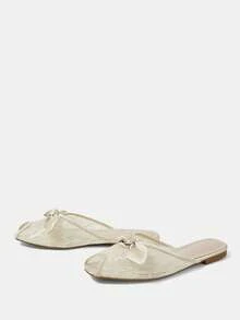 CUCCOO HITCHD French Lace Sandals Women's Summer Wear Bow Peep Toe Mules Shoes Gentle Sandals - Champagne - View 3