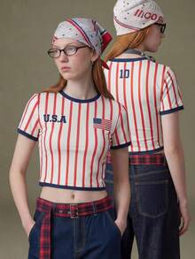 Elnivra Áo thun nữ cổ tròn tay raglan ngắn tay kẻ sọc ôm dáng croptop - Đỏ và trắng - Xem 2