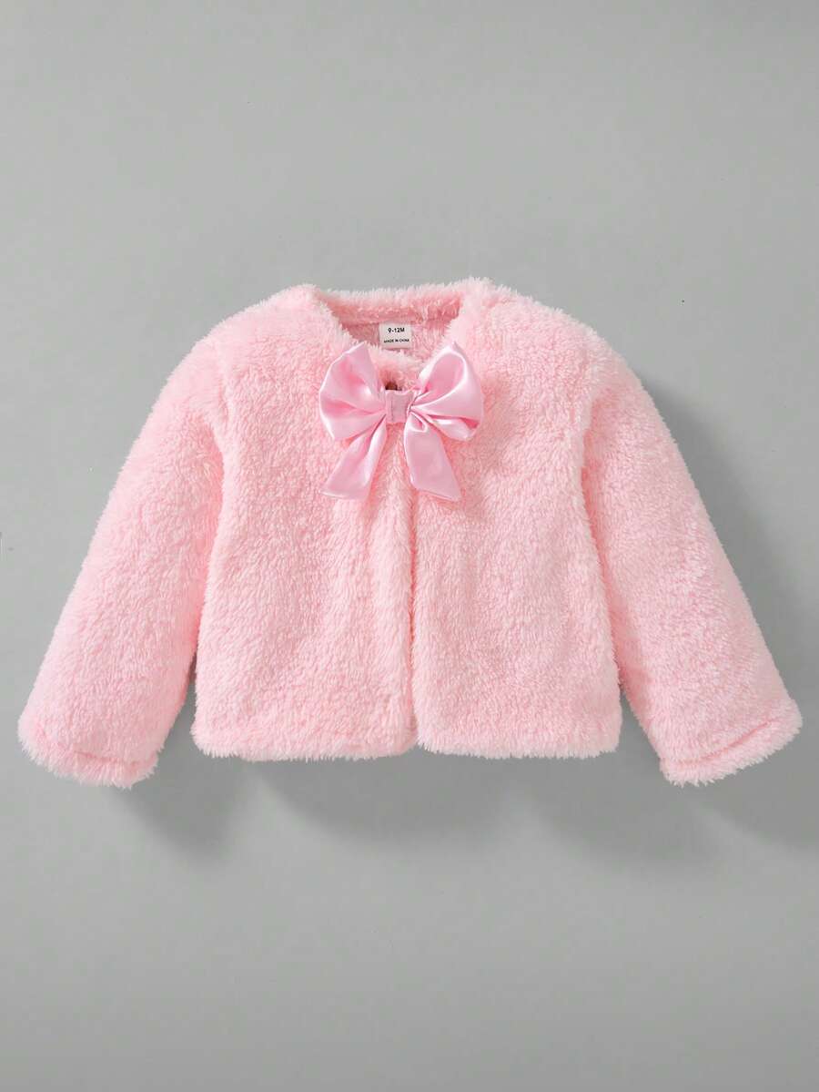 SHEIN Elladie kids 女嬰幼兒優雅絨毛蝴蝶結開襟外套，適合外出、日常穿著與派對，適用於秋冬季節