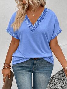EMERY ROSE Plus Size Women's Spring/Summer New Knitted Denim Print Casual V-Neck Short Sleeve Turnup Cuff, Curved Hem Leopard Print Plus Size T-Shirt - Multicolor - View 5
