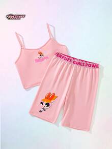THE POWERPUFF GIRLS X SHEIN Tween Girl Cartoon Pattern Knit Soft Sports Elastic Tank Top And Shorts Set For Pilates, Ballet, Dance, Gymnastics, Competition - Pink - View 1