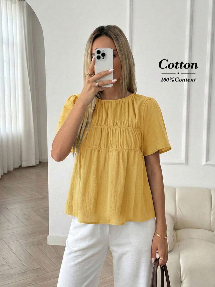 Easowa Blus Wanita Kasual Warna Polos Berlipit Leher Bulat Lengan Pendek, Kuning Mustard untuk Makan Siang Musim Panas - Kuning - View 1
