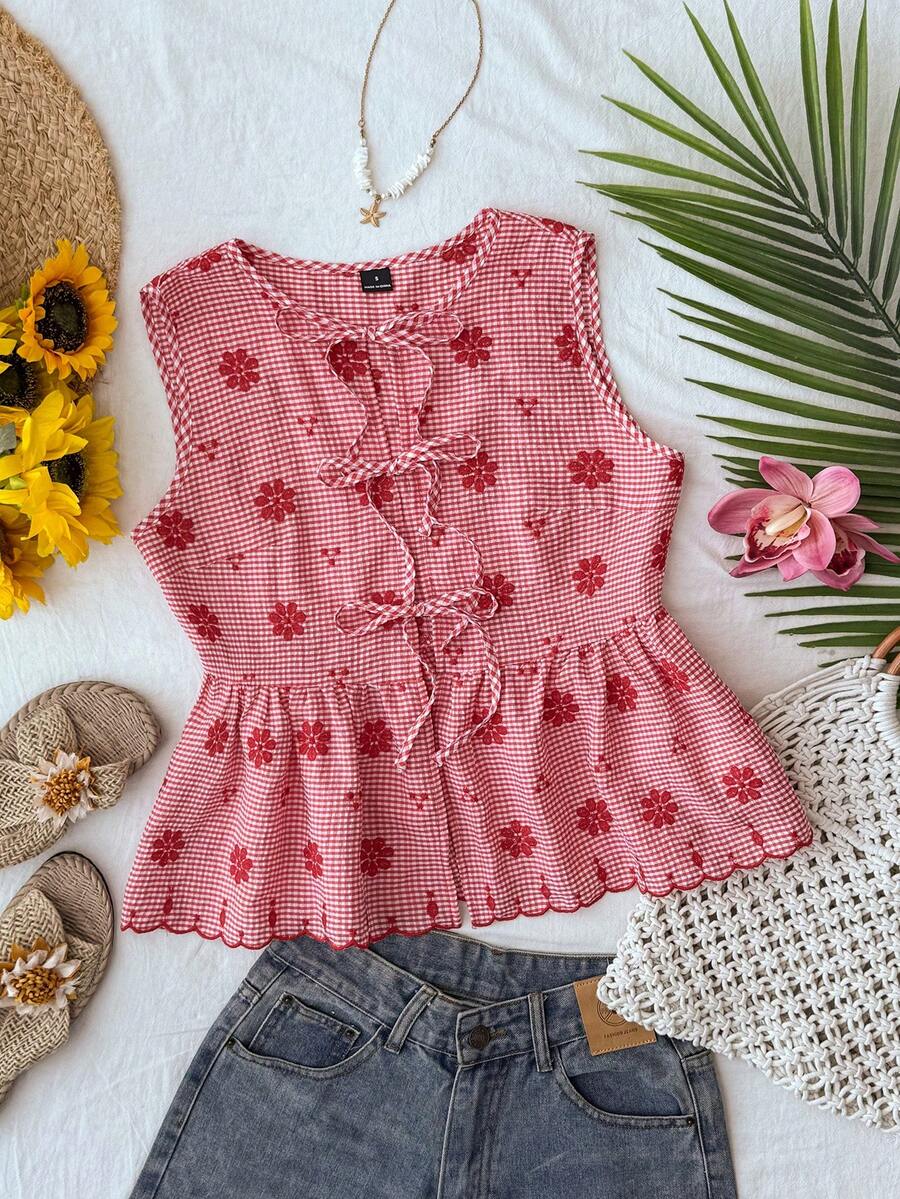Travachic Women's Summer Beach Vacation Style Casual Floral Embroidery Plaid Print Front Tie Peplum Hem Tank Top - Red - View 1