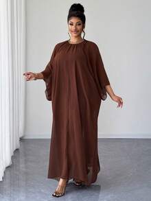Maweii Plus Size Women's Brown Summer New Design Lightweight Irregular Sheer Chiffon Round Neck With Diamond Decoration Tie-Up Solid Color Dress - Brown - View 6