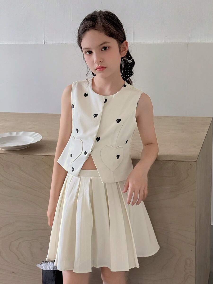 Dazy Kids 心形圖案無袖背心 + A字百褶裙 青少年女孩 2件套夏季套裝 - 杏色 - 查看 1