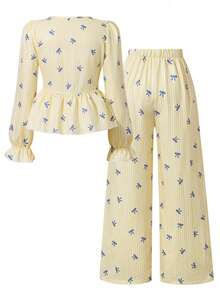 Tween Girls Back To School Sleeveless Bow Shirt /Set - Yellow - View 2