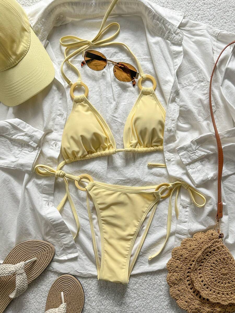 Swim Mod Women's Yellow Halter Tie Back Hollow Out 2-Piece Swimwear Set, Summer Holiday Beach Beach Party Vacation Outfit Jamican - Multicolor - View 1
