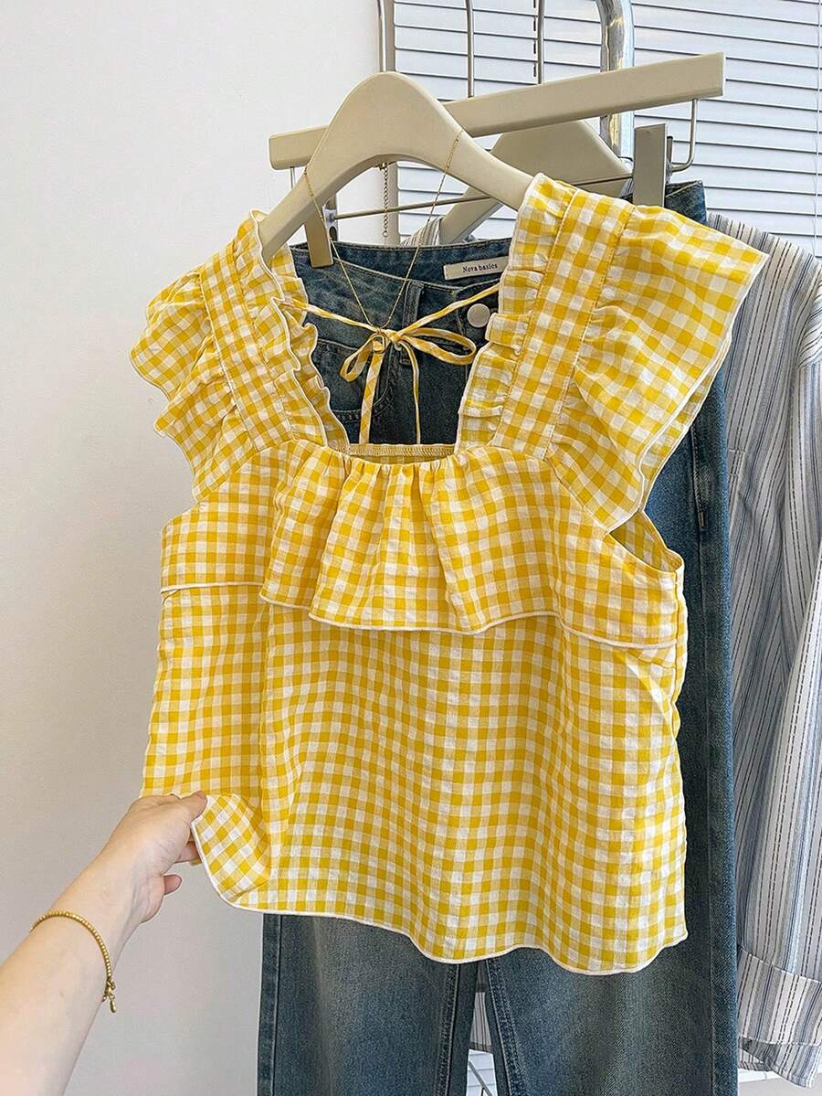 Resyla Blusa de moda con volantes y parches a cuadros para mujer - Multicolor - Ver 1