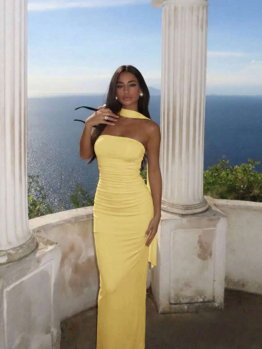 Ronhire Beige Color Off The Shoulder Ruched Halterneck Maxi Dress, Prom Dresses For Women Evening Dresses For Women Prom Dresses For Ladies Birthday Party - Yellow - View 1