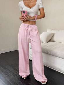 EMERY ROSE Plus Size Women Casual Solid Color Wide Leg Pants, Autumn Clothing Material Fall - Pink - View 7