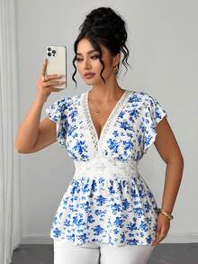 SHEIN Clasi Plus Size Women Deep V-Neck Floral Print Casual Boho Versatile Daily Wear Shirt Vacation White Summer - Blue - View 3