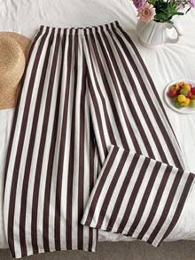 SHEIN EZwear Women Brown Striped Pants - Chocolate Brown - View 2