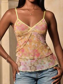 Mima John Ombre Retro Print Ruffle Hem Sleeveless Summer Fitted Tank Top Casual Vacation - Yellow - View 6